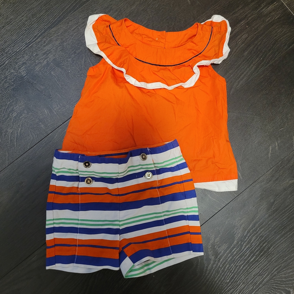 🛍Janie and Jack Toddler Girl Outfit 18–24 Months Orange Ruffle Top Stripe Short